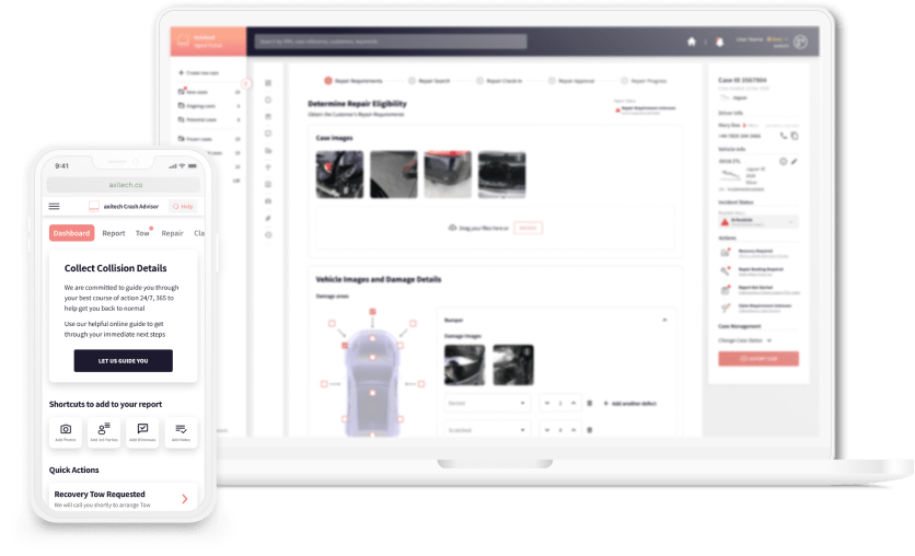 Image shows iPhone and Desktop view of Axitech's Collision management solution